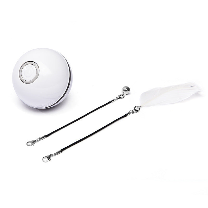 White LED light cat toy ball with detachable black string attachments including a white feather and a bell on white background