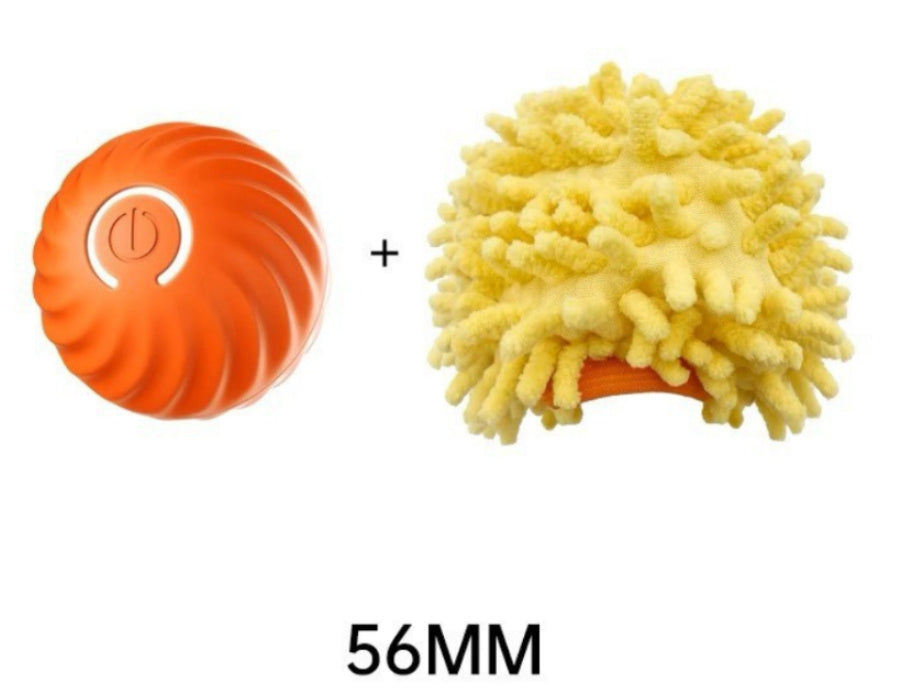 Orange LED jumping ball with yellow plush sea urchin textured cover for dog play