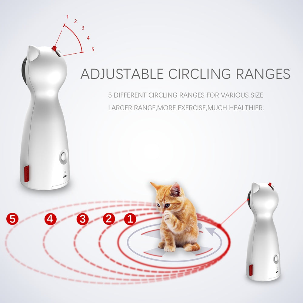Side view of white cat laser toy with adjustable laser circling ranges marked from 1 to 5 and a kitten watching the laser path