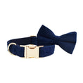 Charger l'image dans la visionneuse de la galerie, Navy blue corduroy dog collar with attached bow tie and gold buckle
