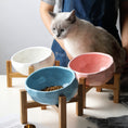 Load image into Gallery viewer, Set of pastel ceramic pet bowls in blue, pink, and white on bamboo stands with a cat nearby

