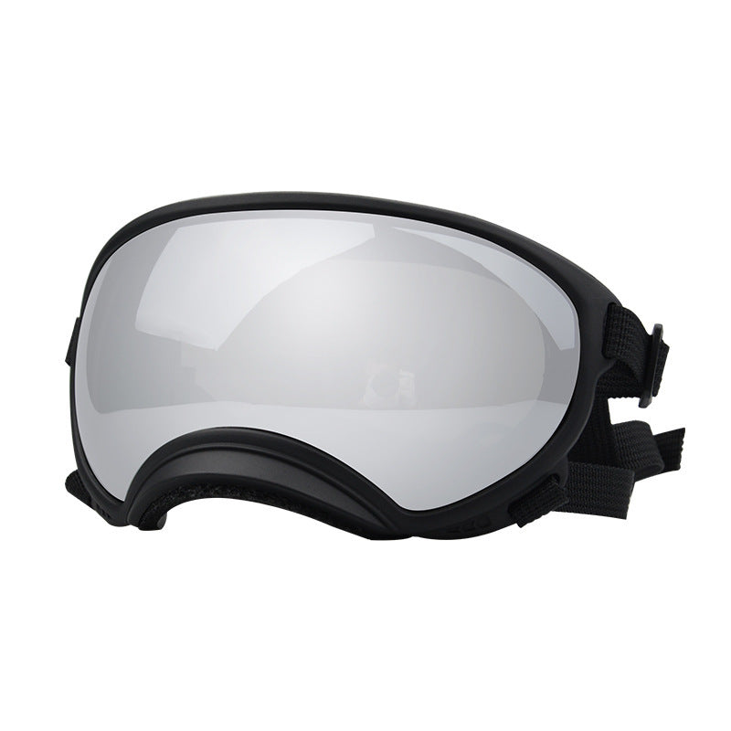 Silver polarized dog ski goggles with black frame and adjustable straps