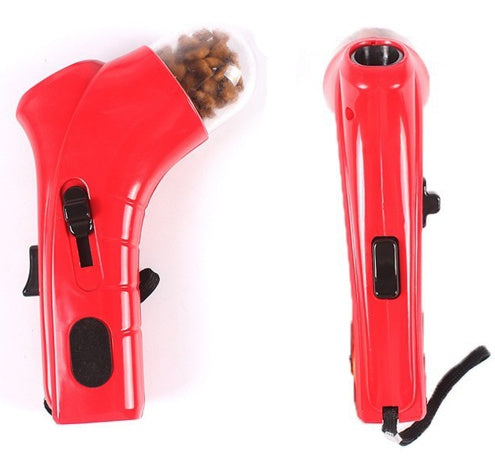 Side and top views of red pet treat launcher showing transparent treat compartment filled with snacks
