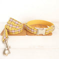 Load image into Gallery viewer, Yellow plaid dog collar and matching leash placed on wooden boards
