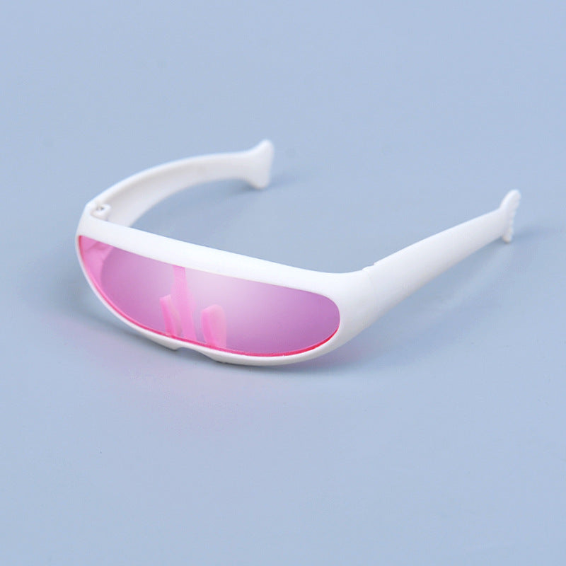 White-framed sunglasses with pink reflective lenses on blue background