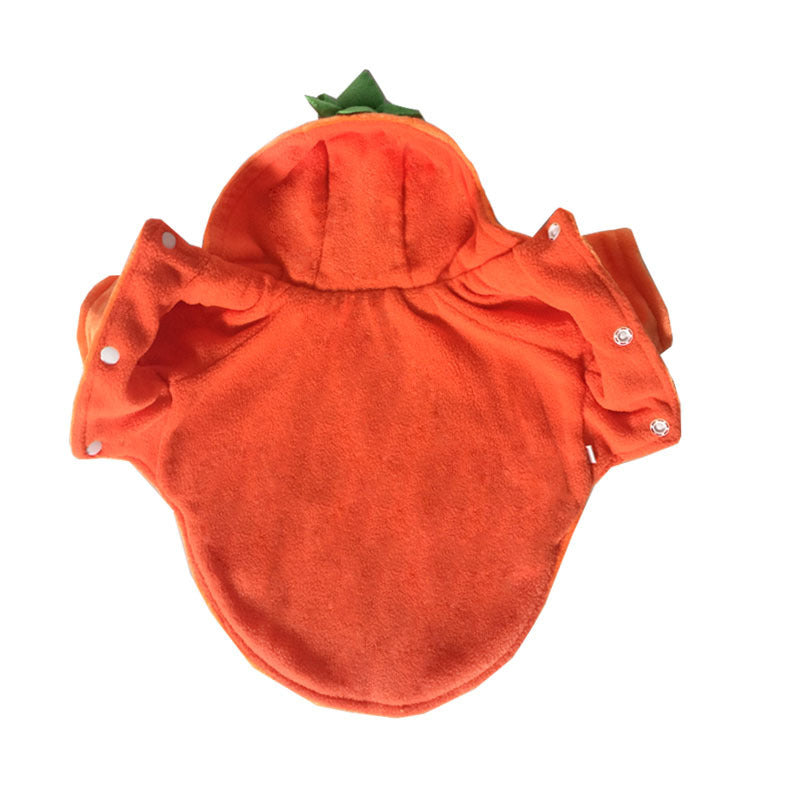 Flat lay inside view of orange pumpkin dog hoodie costume showing lining and snap buttons