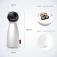 Load image into Gallery viewer, Front view of the white cat laser toy showing dimensions and dual power options with 4 AA batteries and USB charging port
