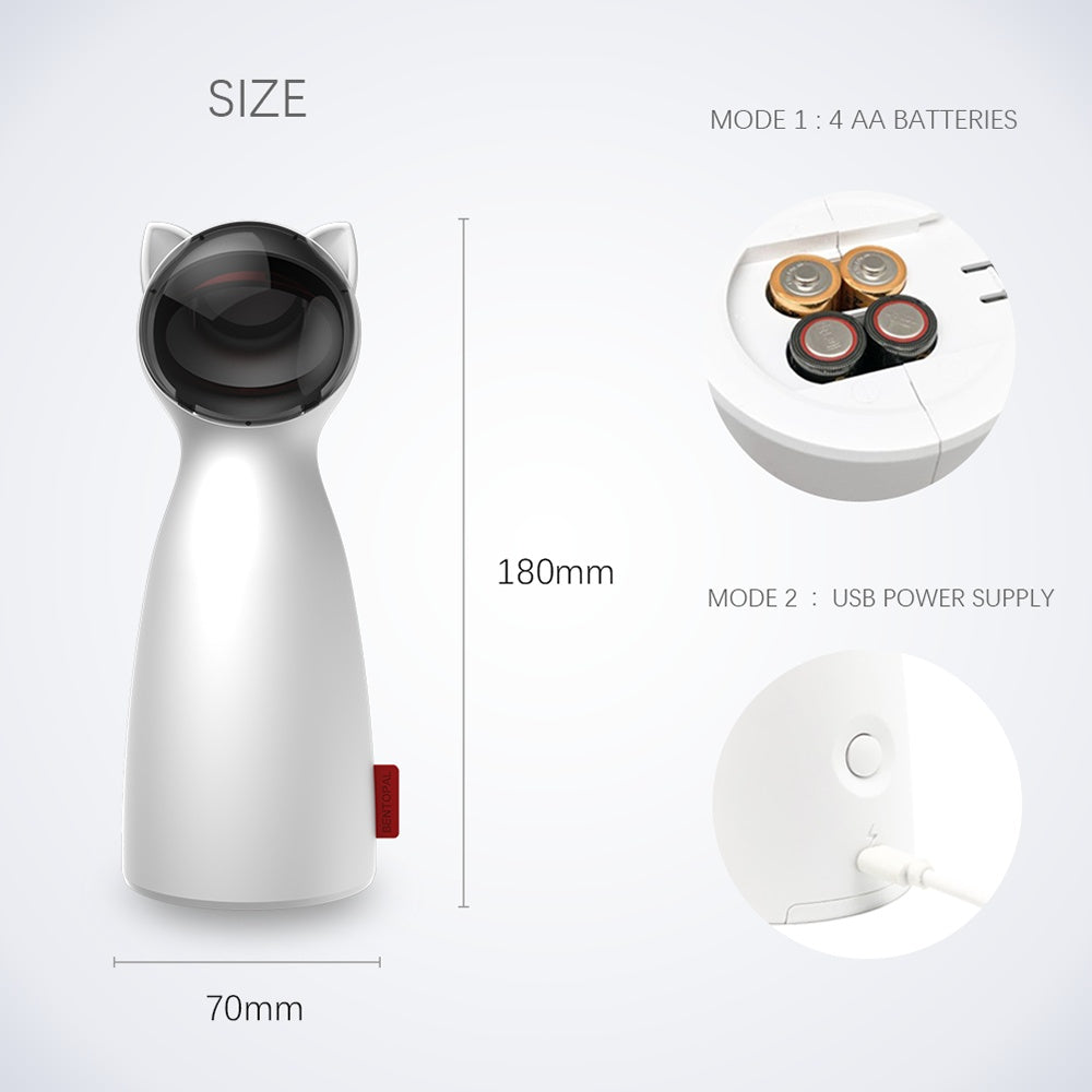 Front view of the white cat laser toy showing dimensions and dual power options with 4 AA batteries and USB charging port