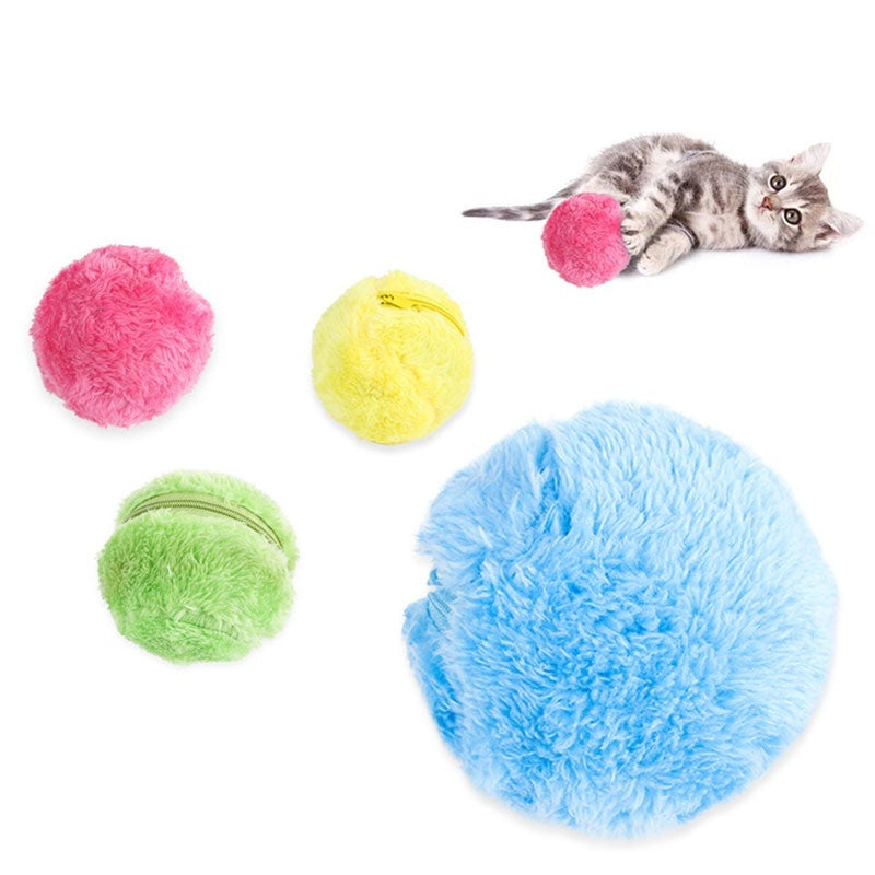 Four colorful plush microfiber ball covers and a kitten playing with pink cover on a white background
