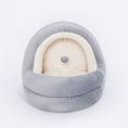 Load image into Gallery viewer, Front view of gray plush pet cave bed with cream interior and hanging plush ball toy against a white background
