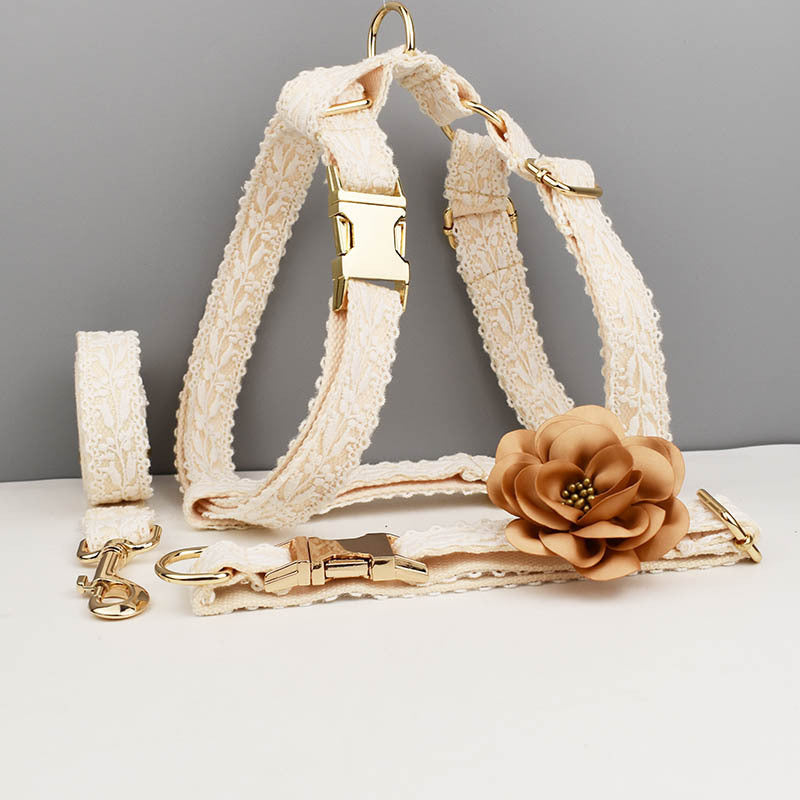 Complete cream lace dog harness set with gold hardware and flower accessory