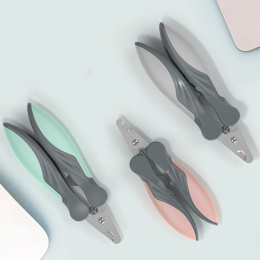Three ergonomic pet nail clippers in pastel green, pink, and white with gray non-slip handles