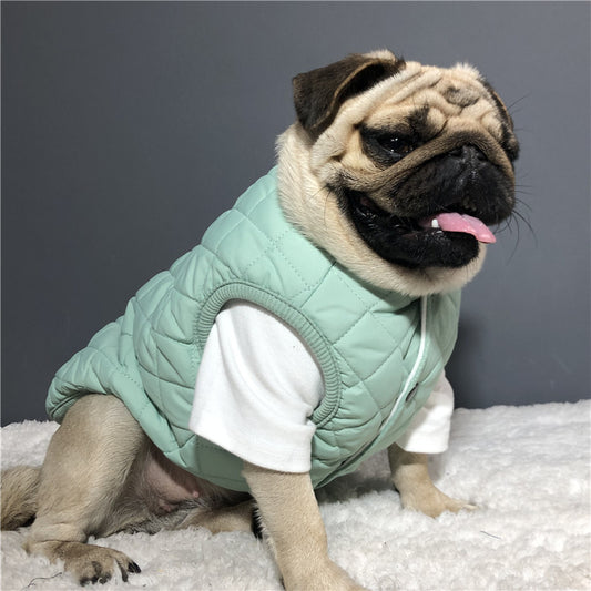 Pug wearing a light green quilted warm dog vest sitting on a white plush surface