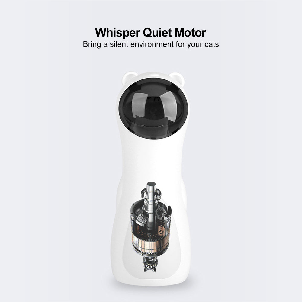 Laser cat toy with revealed motor inside, emphasizing whisper quiet performance