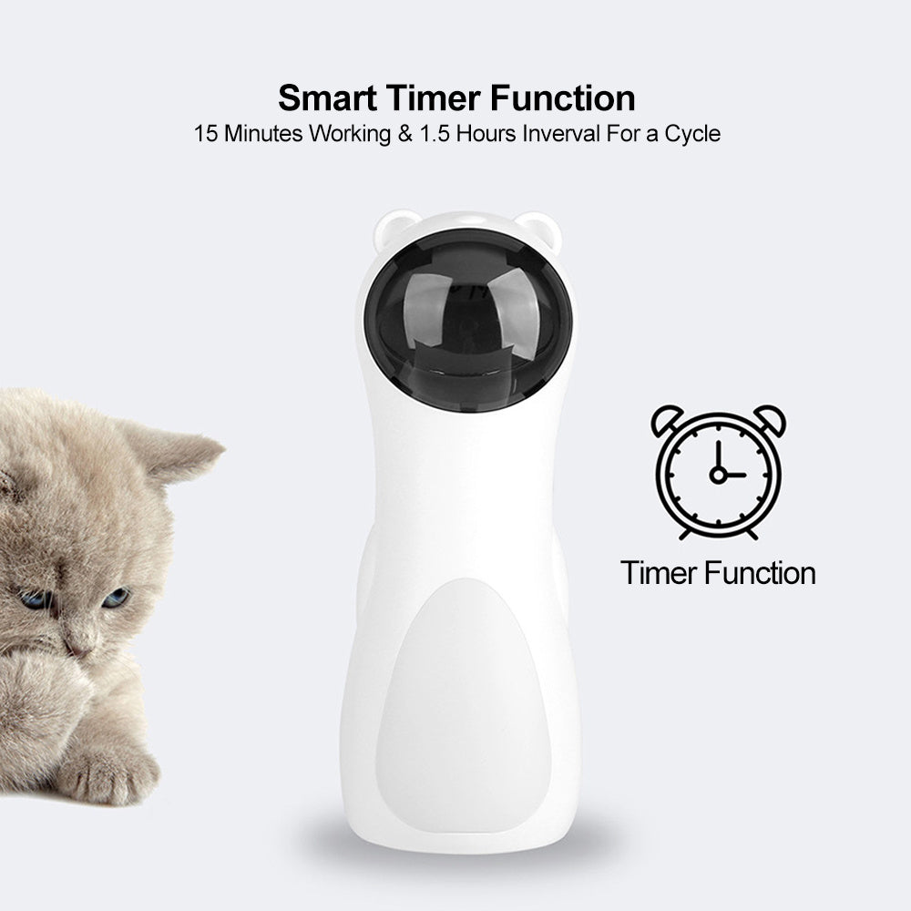 White laser cat toy highlighting smart timer function of 15 minutes play and 1.5 hours off interval