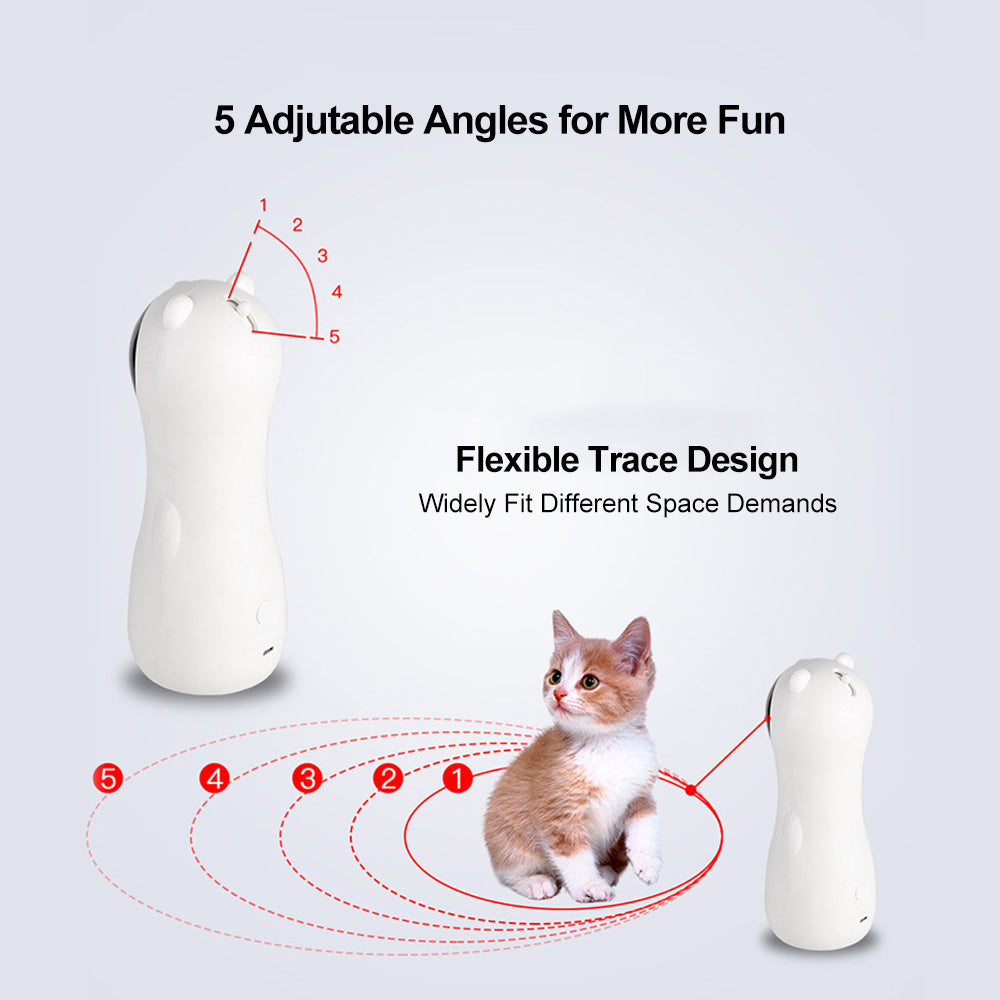 White bear-shaped laser cat toy showing 5 adjustable laser angles with an orange and white kitten nearby
