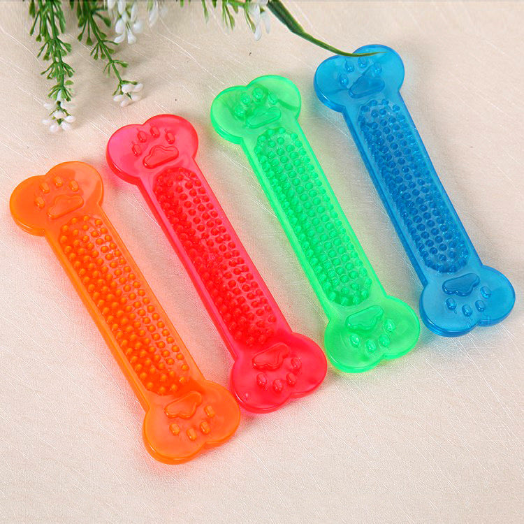 Four colored transparent dog bone toys displayed on a light surface with greenery in background