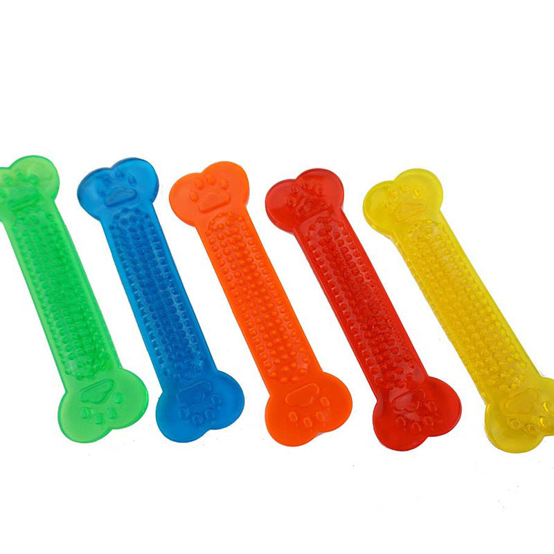 Set of five transparent PVC dog bone toys lined up showing various colors