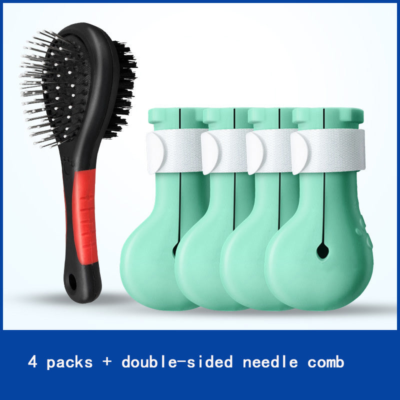 Four turquoise silicone cat nail covers with a double-sided needle comb displayed alongside
