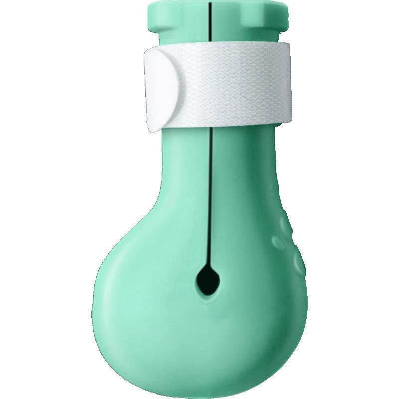 Close-up of a turquoise silicone cat nail cover with a white adjustable strap