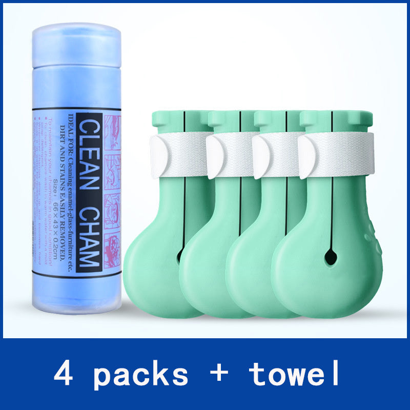 Four turquoise silicone cat nail covers with a microfiber towel container