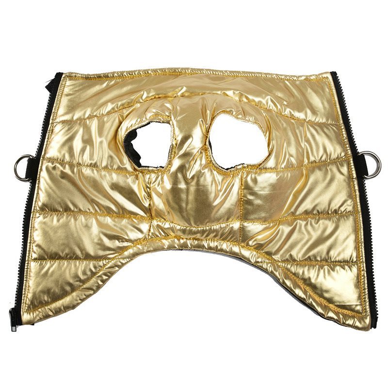 Flat laid gold dog vest showing inside armholes and zipper detail