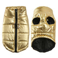 Cargar la imagen en la vista de la galería, Gold metallic dog vest jacket front and back view with zipper and leash attachment
