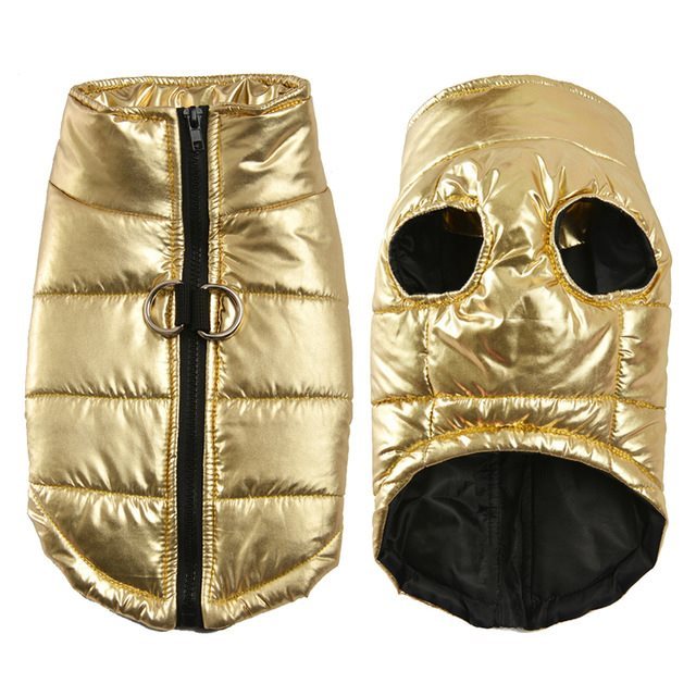 Gold metallic dog vest jacket front and back view with zipper and leash attachment