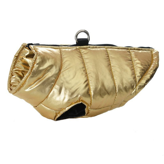Side view of gold metallic dog vest showing padded armhole and collar