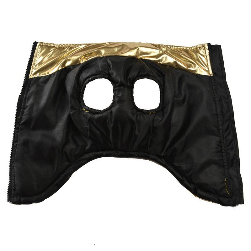 Inside view of gold dog vest showing smooth black lining and armholes