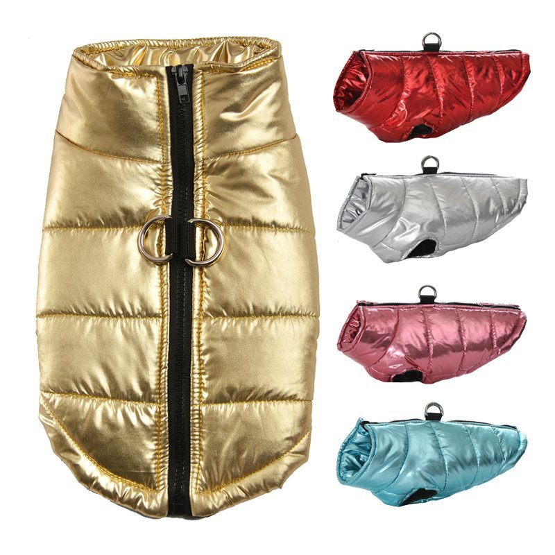 Gold dog vest front view with smaller images of other color options (red, silver, pink, blue)