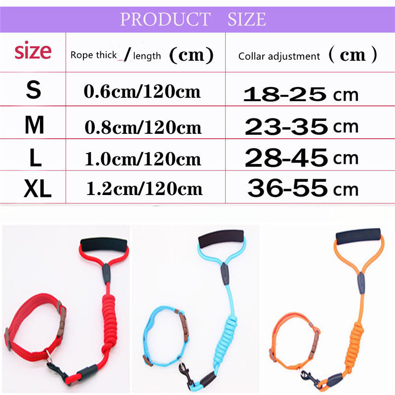 Size chart for dog leash and collar showing rope thickness, length, and collar adjustment ranges