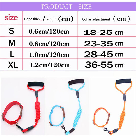 Size chart for dog leash and collar showing rope thickness, length, and collar adjustment ranges