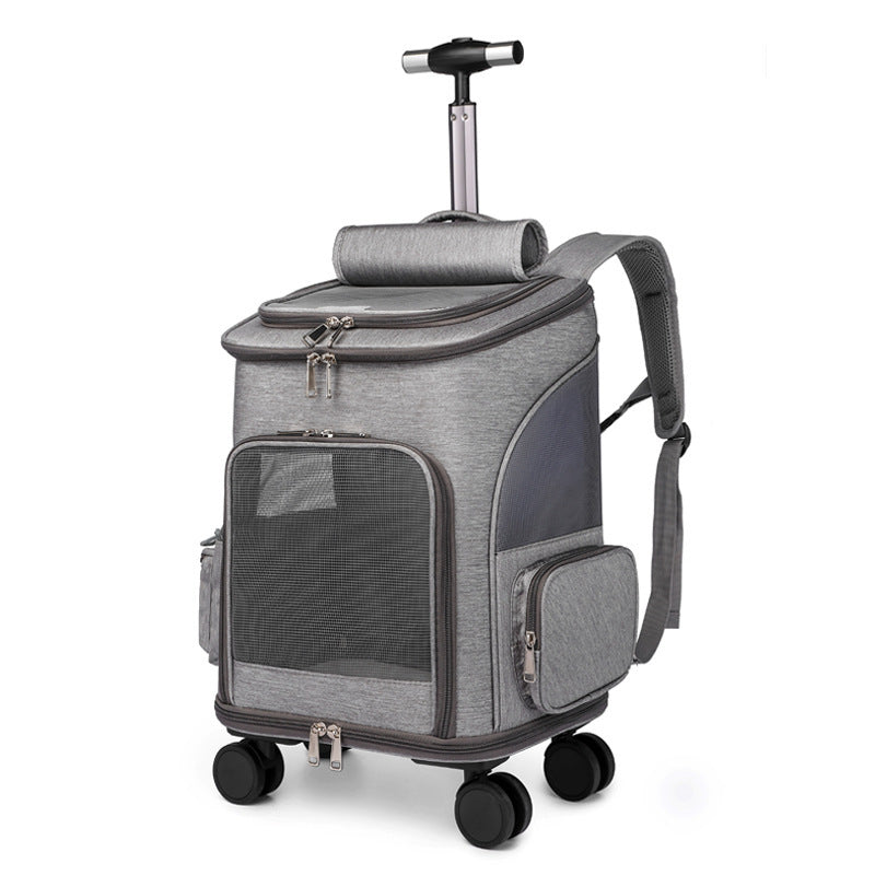 Gray portable trolley pet backpack with mesh ventilation and trolley handle