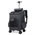 Cargar la imagen en la vista de la galería, Black portable trolley pet backpack with closed mesh front and trolley handle extended

