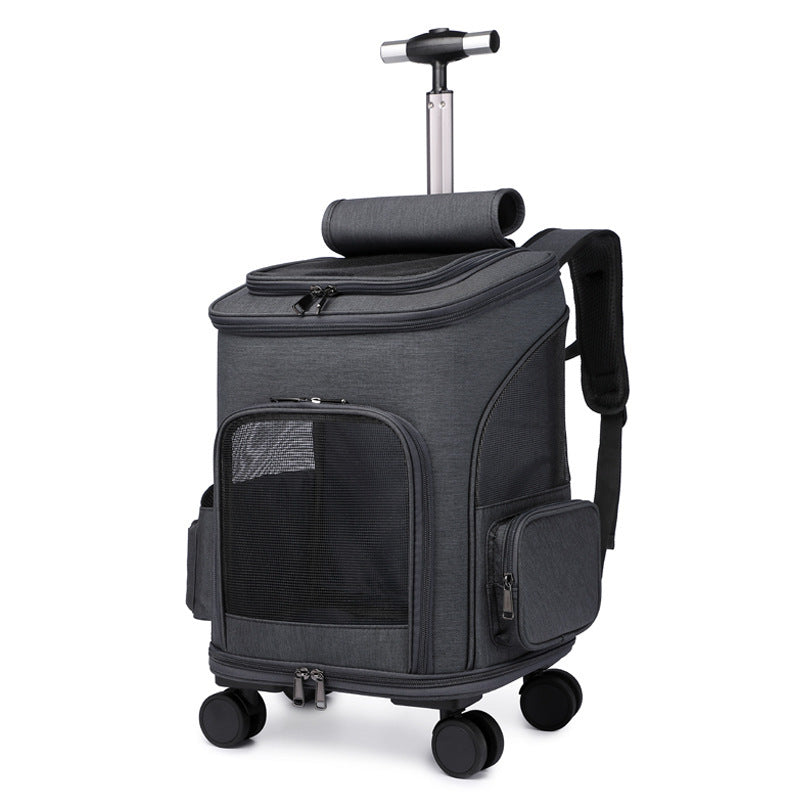 Black portable trolley pet backpack with closed mesh front and trolley handle extended