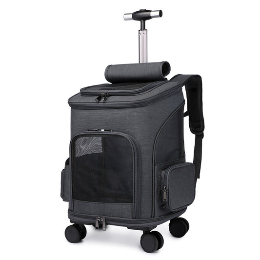 Black portable trolley pet backpack with closed mesh front and trolley handle extended