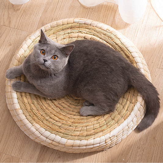 Gray cat lying comfortably in a round handwoven straw cat bed placed on wooden floor