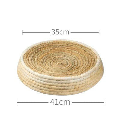Dimensions of handwoven straw cat bed showing 35cm inner diameter and 41cm outer diameter