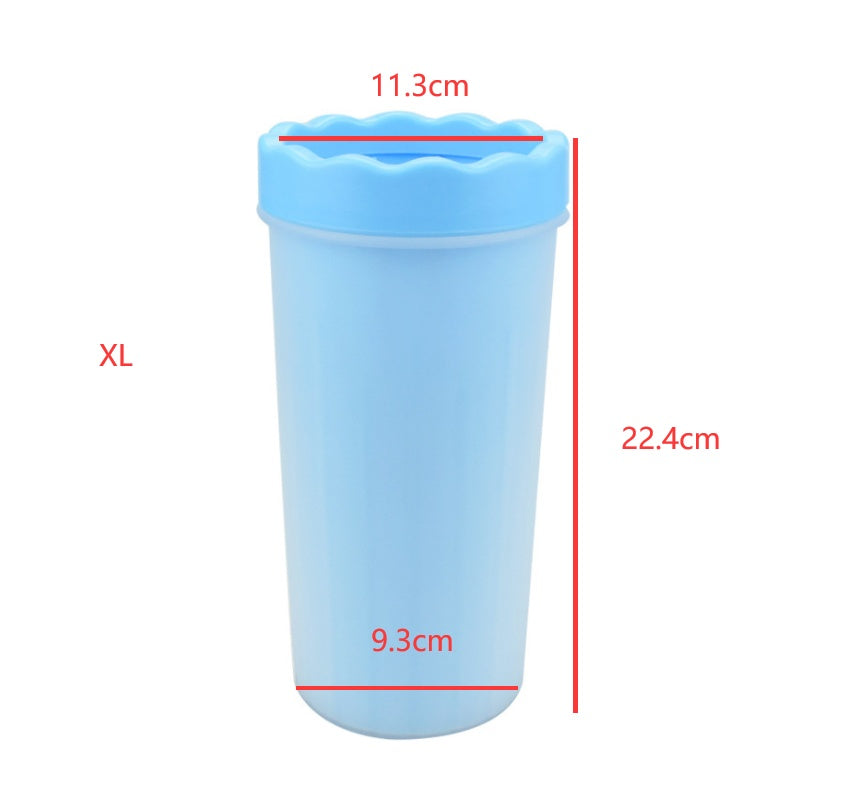 Blue extra-large silicone dog paw washer cup with detailed dimension measurements