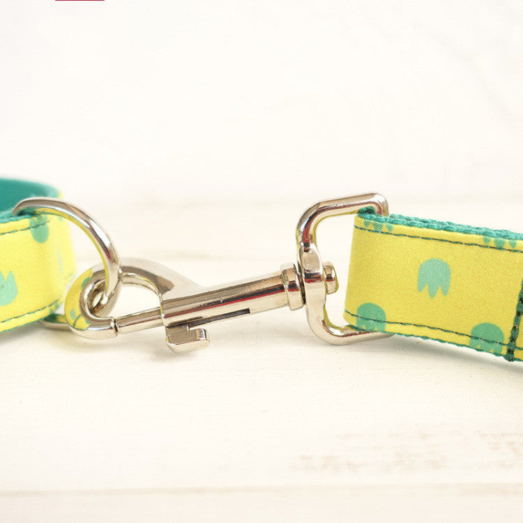 Close-up of silver metal clip connecting leash to collar with yellow paw pattern