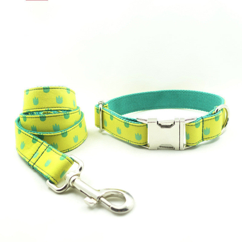 Yellow and turquoise dog collar and matching leash laid out on white background