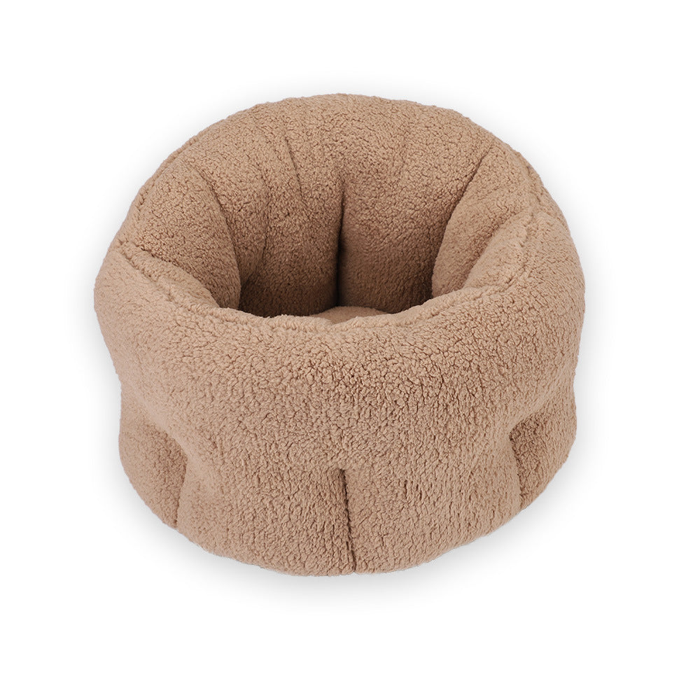 Camel tan plush round pet bed shown isolated on white background