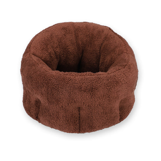 Brown plush round pet bed shown isolated on white background