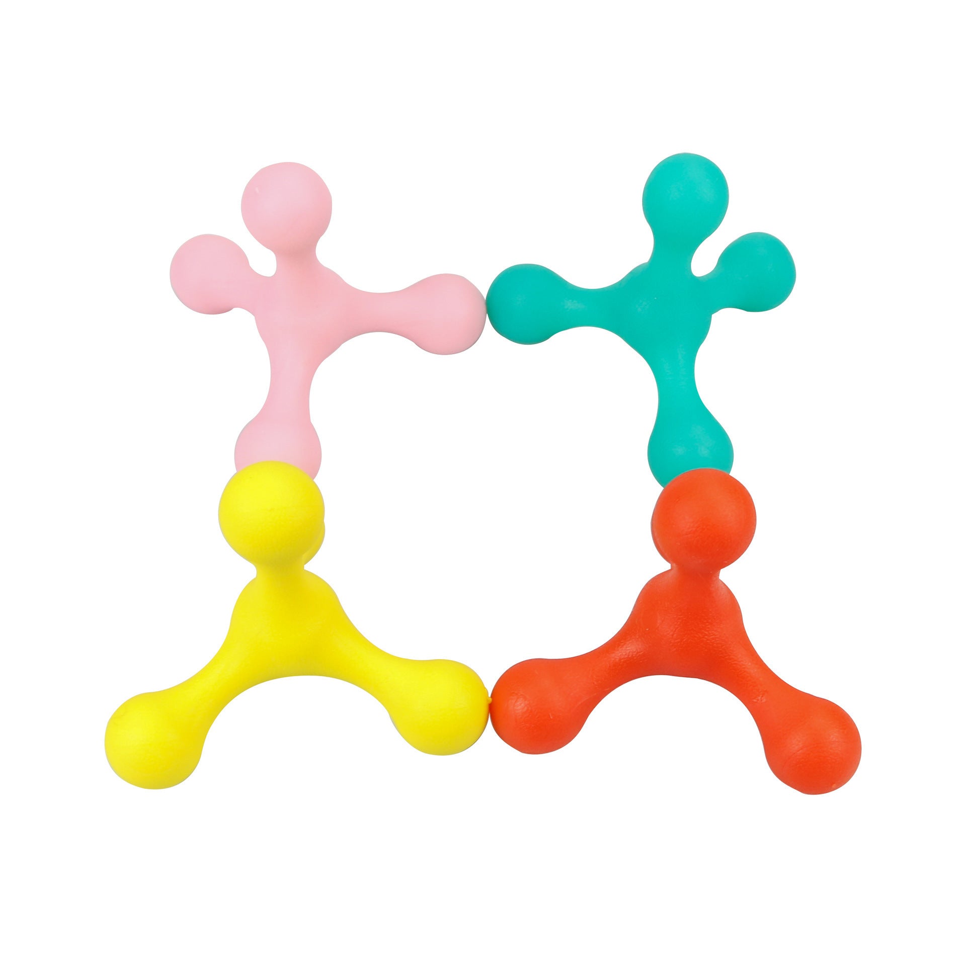 Four dog chew toys in yellow, pink, turquoise, and orange colors connected in a square formation