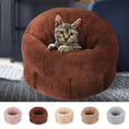 Load image into Gallery viewer, Tabby cat resting comfortably in a brown plush round pet bed on a carpet
