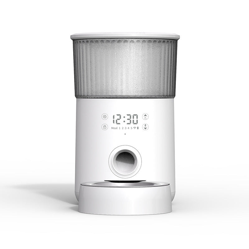 Front view of white automatic pet feeder with digital display and food dispensing hole