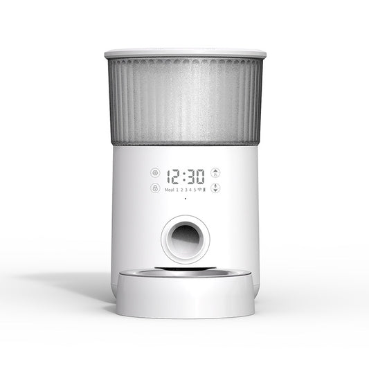 Front view of white automatic pet feeder with digital display and food dispensing hole