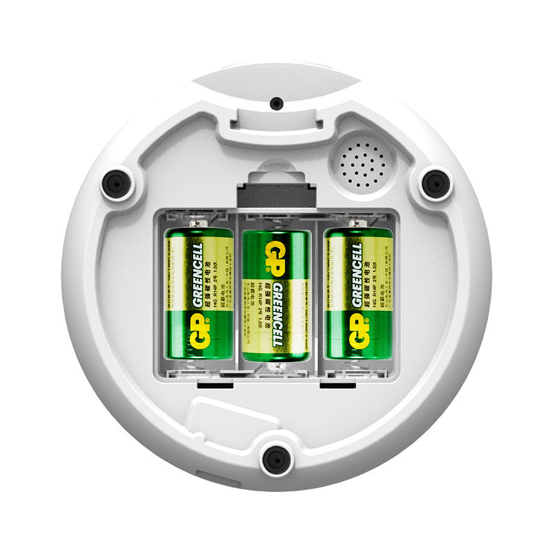 Bottom view of the feeder showing the battery compartment with three GP Greencell batteries installed