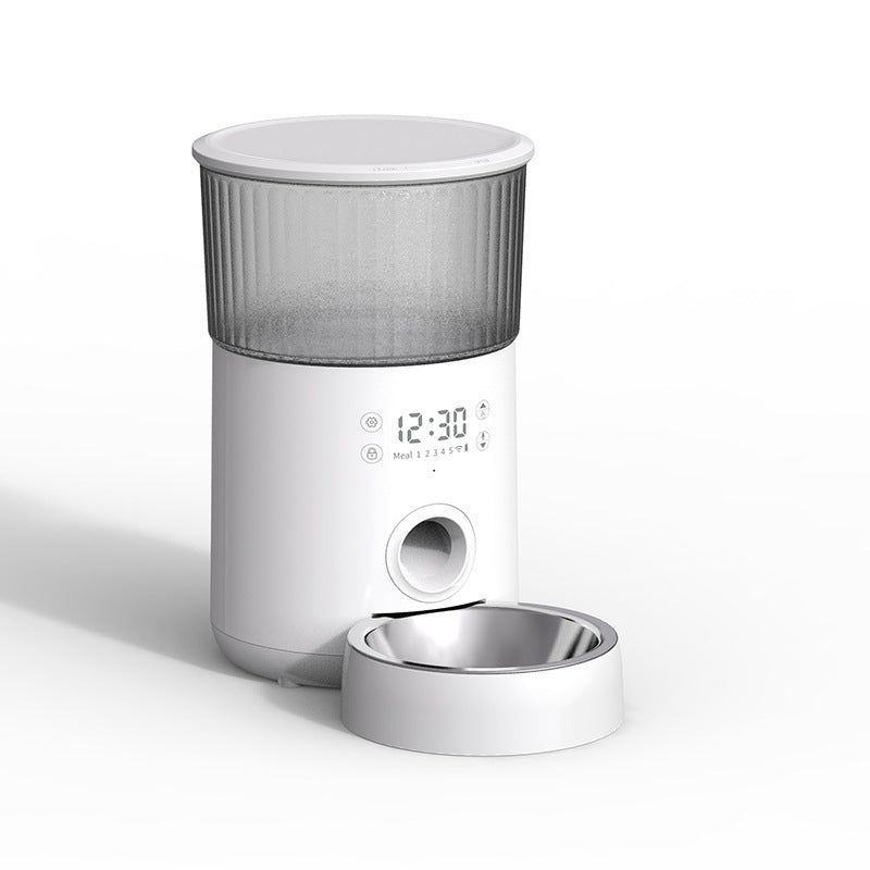 White automatic pet feeder with lid and stainless steel bowl showing clean modern design